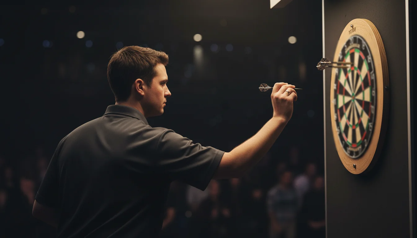 Dartboard mit Spieler beim Double-Out-Wurf im 501-Modus