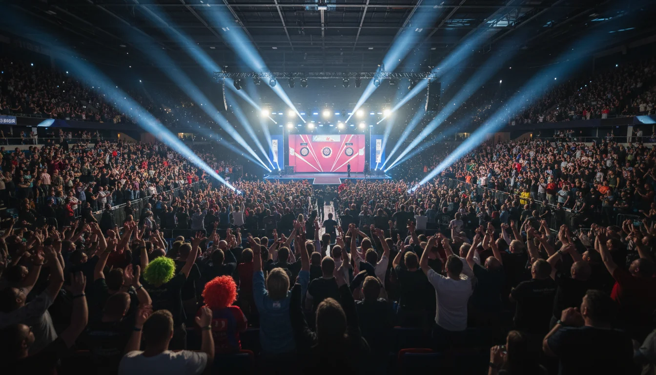 Dartsturnier-Atmosphäre mit Zuschauern in einer ausverkauften Halle
